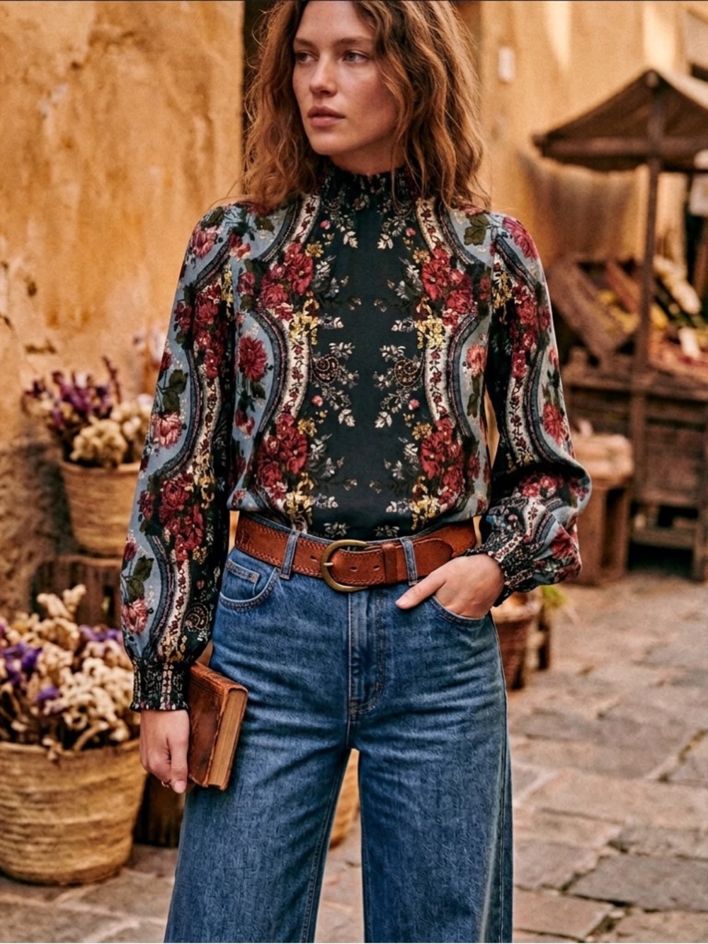 Taylor & Sage Floral Tapestry Print Mock Neck Blouse - M